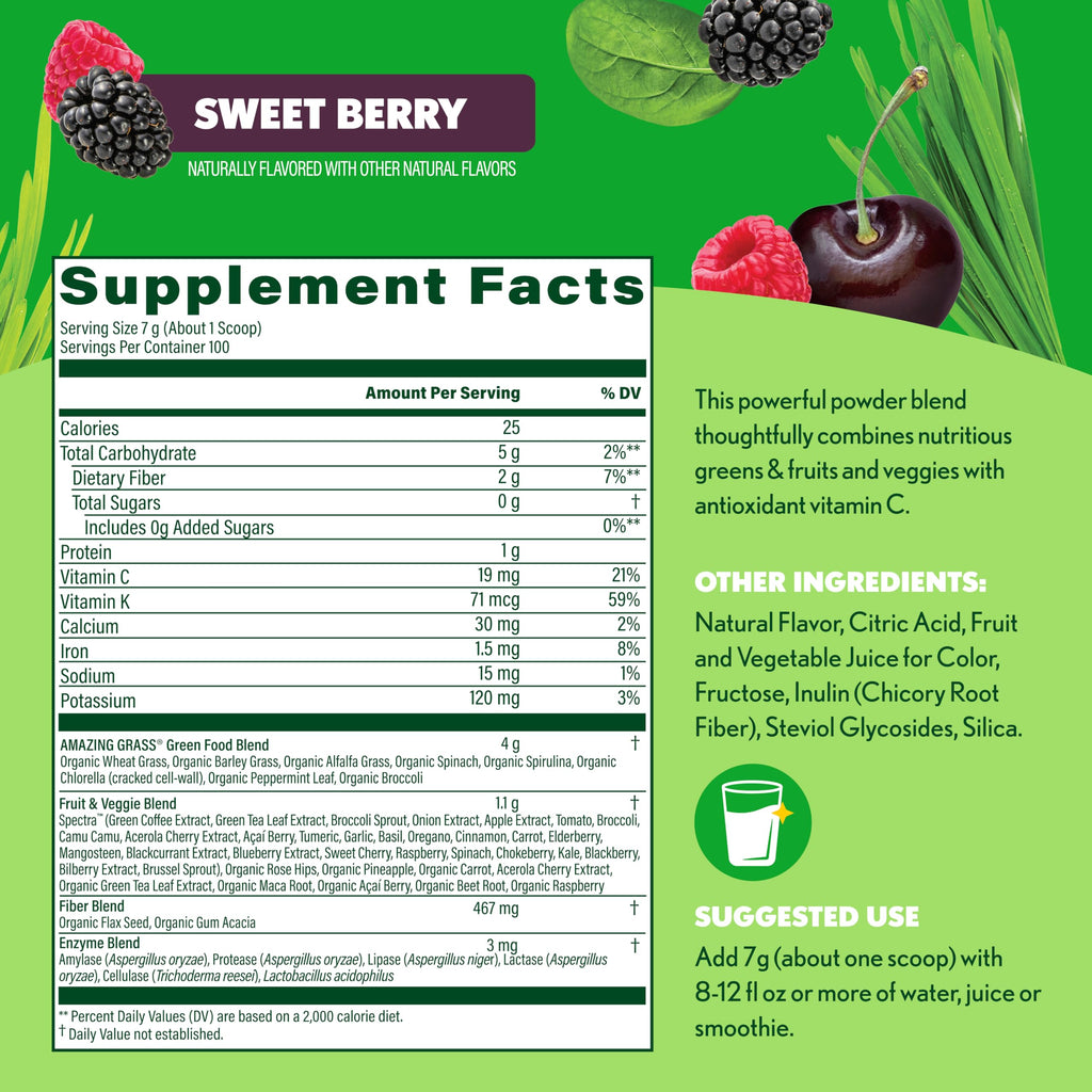 Amazing Grass Greens Superfood Antioxidant: Greens Powder with Organic Spirulina, Beet Root Powder, Elderberry & Probiotics, Sweet Berry, 100 Servings (Packaging May Vary)