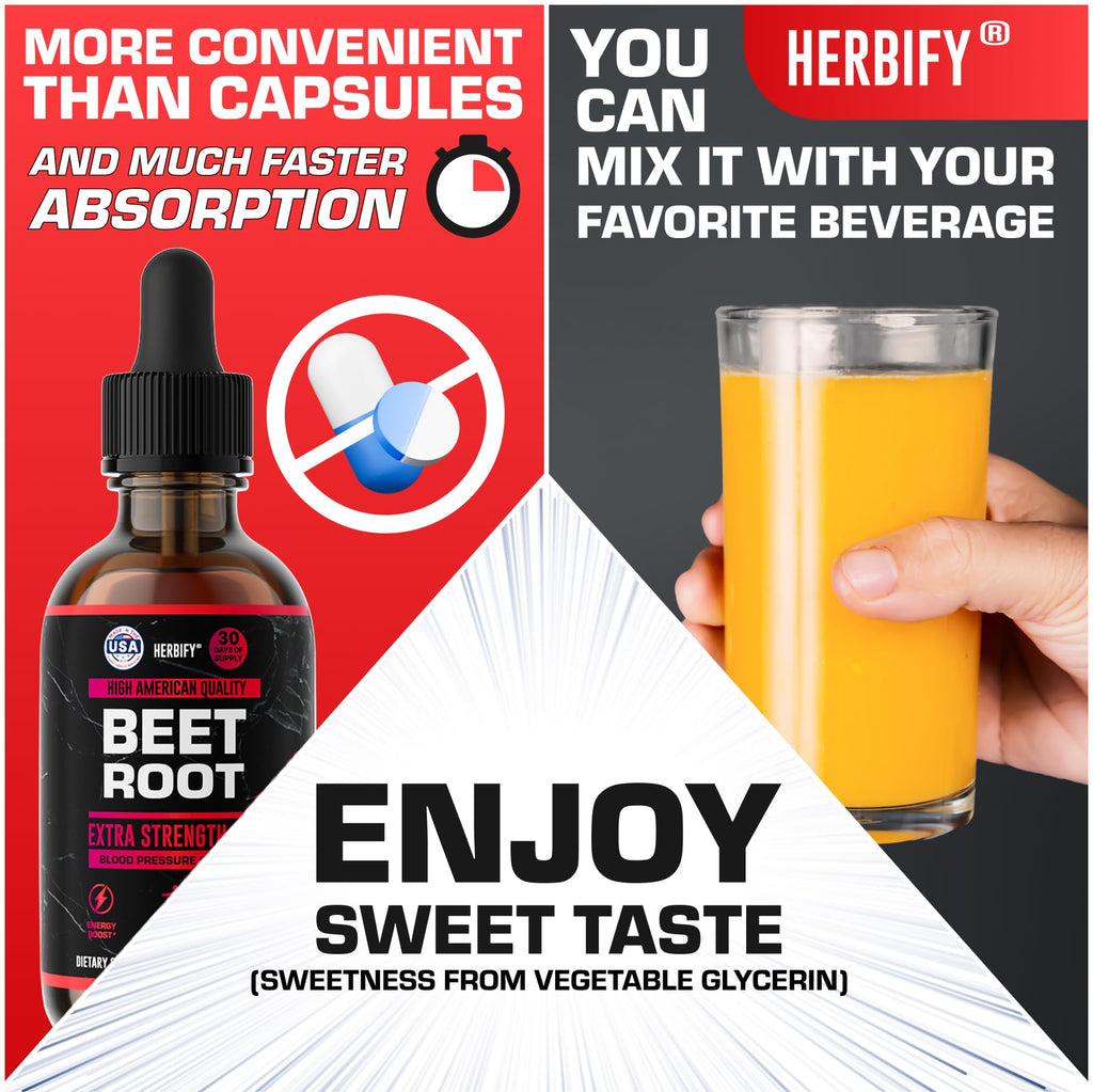 HERBIFY Beet Root Extract - Blood Pressure Supplement & Nitric Oxide Booster - Beetroot Supplement for Heart Health and Energy Booster for Men & Women (30 Days Supply) Made in USA 2 FL Oz