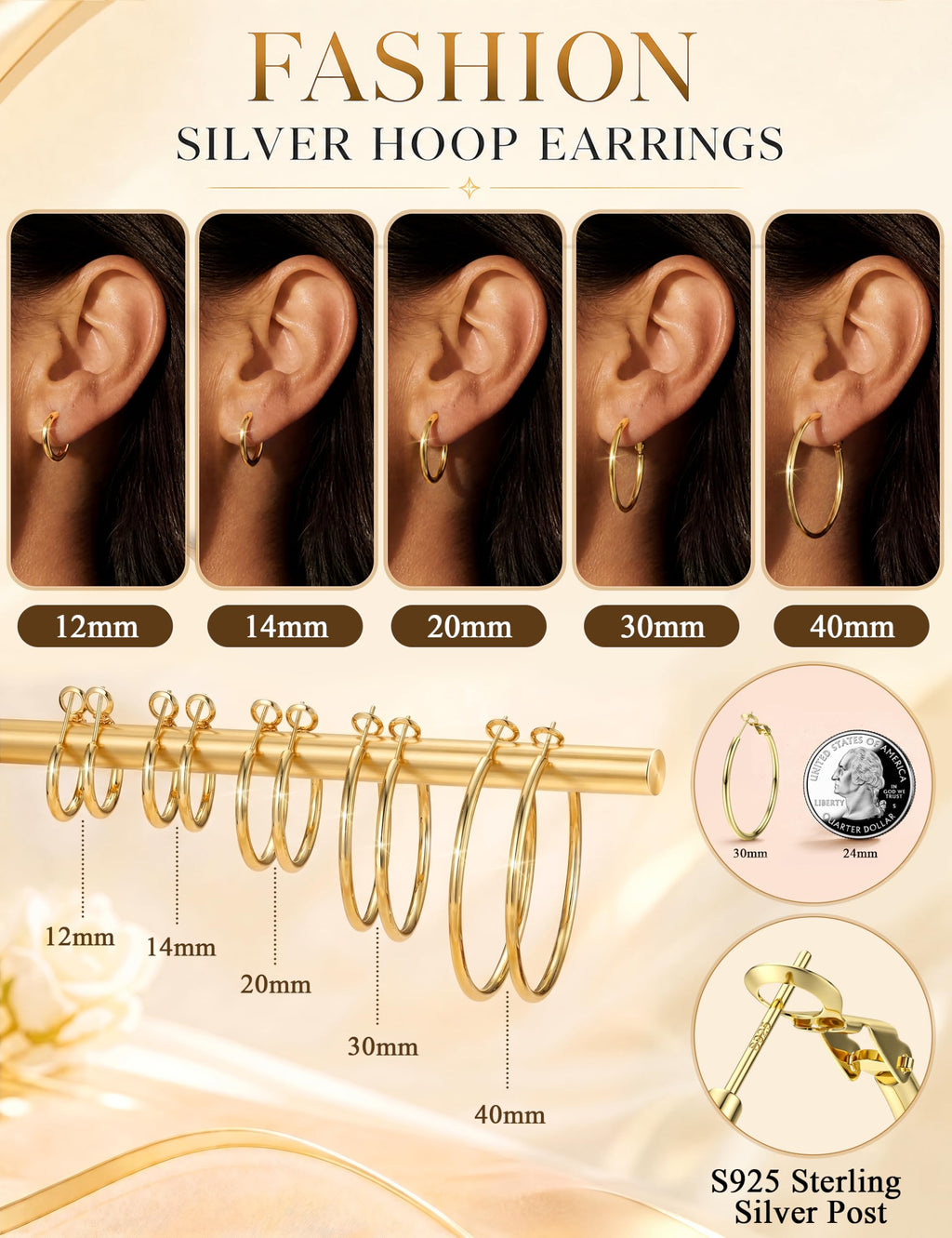 FUNRUN JEWELRY 5 Pairs 925 Sterling Silver Hoop Post Earrings for Women-Small 14K Gold Silver Hoops Earrings,Hypoallergenic Silver Hoop Earring for Women-Medium Big Hoops Stack Earring 10/14/20/30/40mm
