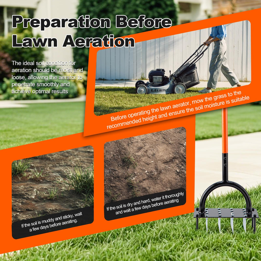 Bluesea Lawn Aerator Tool - 16 Iron Spikes with Ergonomic T-Handle, Automatic Dirt Clean for Soil Loosening & Yard Aeration, Manual Metal Grass Aerator (Orange)