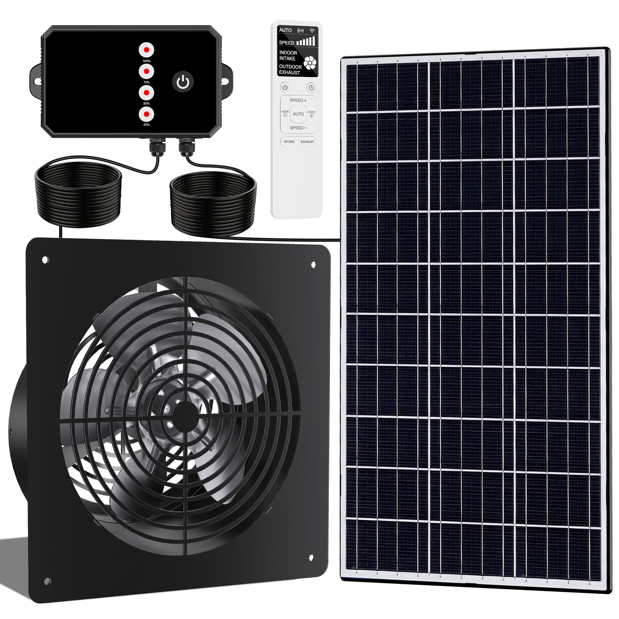 10-Inch 15W Solar Fan with Timer & Remote, Reversible Intake Exhaust Vent System for Chicken Coop, Greenhouse & Shed, Aluminum 6-Speed Airflow with 17ft Cable