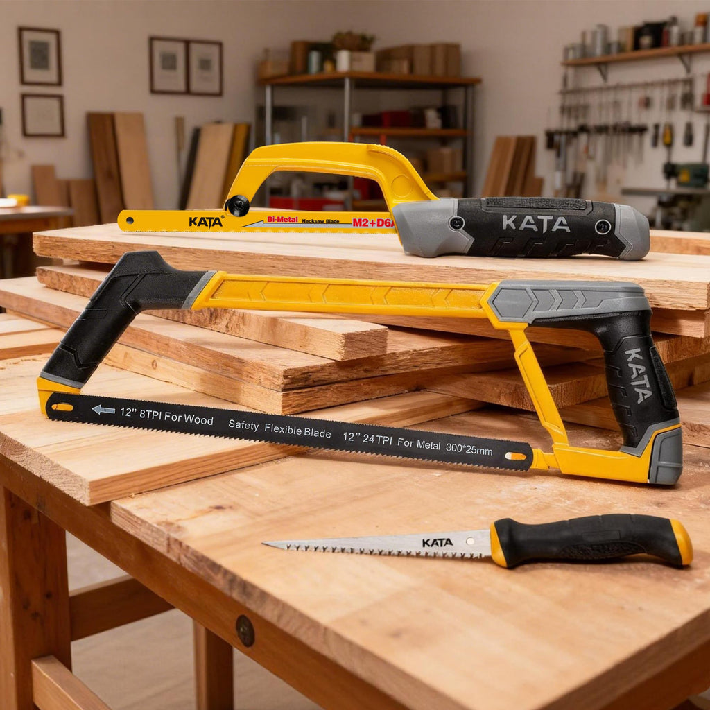 KATA Heavy Duty Hacksaw Frame Set, 12 Inch Hacksaw, 10 Inch Mini Hacksaw & 6 Inch Drywall Jab Saw, 4pc Extra Bi-Metal HSS Blades, 45°/90° Adjustable, Cutting Metal, Wood, PVC