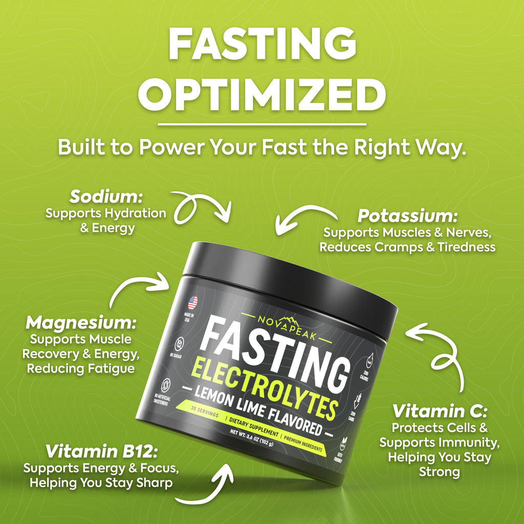 NovaPeak Fasting Electrolytes - Fast Hydration & Fasting Salts - Electrolytes for Fasting - Fasting Supplement - 30 Servings, Lemon Lime