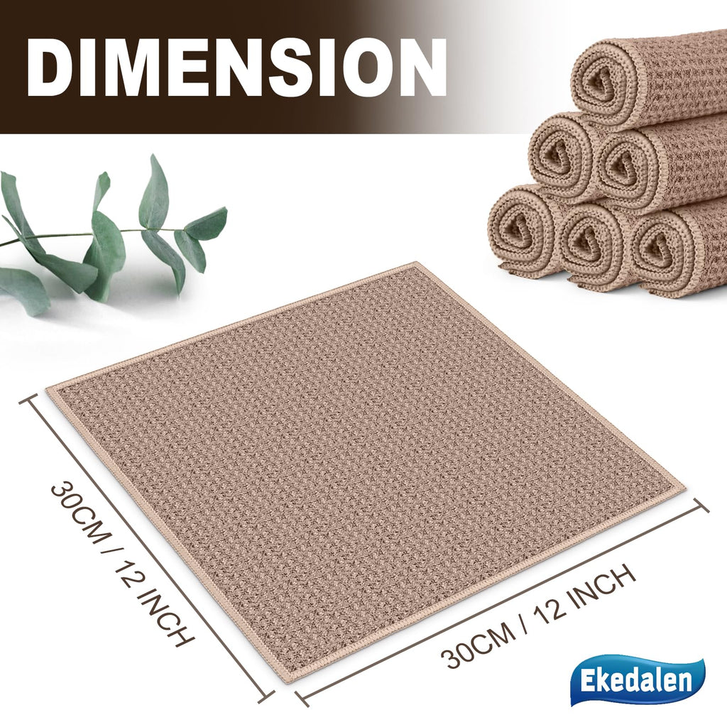 Ekedalen Microfiber Cleaning Cloth Waffle Weave for Dusting Absorbent Towel Quick Drying Dust Rags Household Kitchen, Lint Free Streak Free, 6 Pack,12 x 12 Inches, Khaki