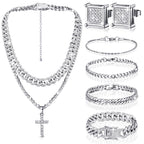 Yinkin 6 Pcs Men Jewelry Set Hip Hop Diamond Chain Bracelet Set, Silver