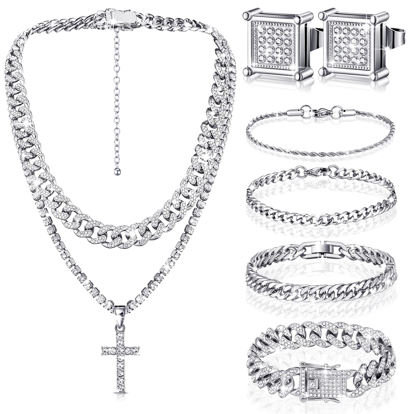Yinkin 6 Pcs Men Jewelry Set Hip Hop Diamond Chain Bracelet Set, Silver