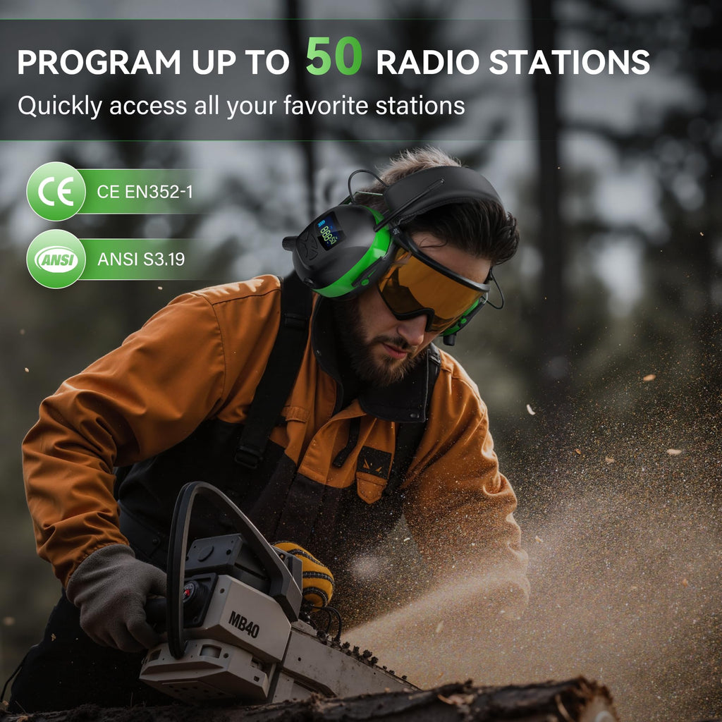 2025 AM/FM Radio Ear Protection Headphones with Backlit Digital Display, 120H Working Time, Rechargeable Hearing Protector, 30dB Noise Reduction Safety Earmuffs for Mowing, Construction, Work, Green