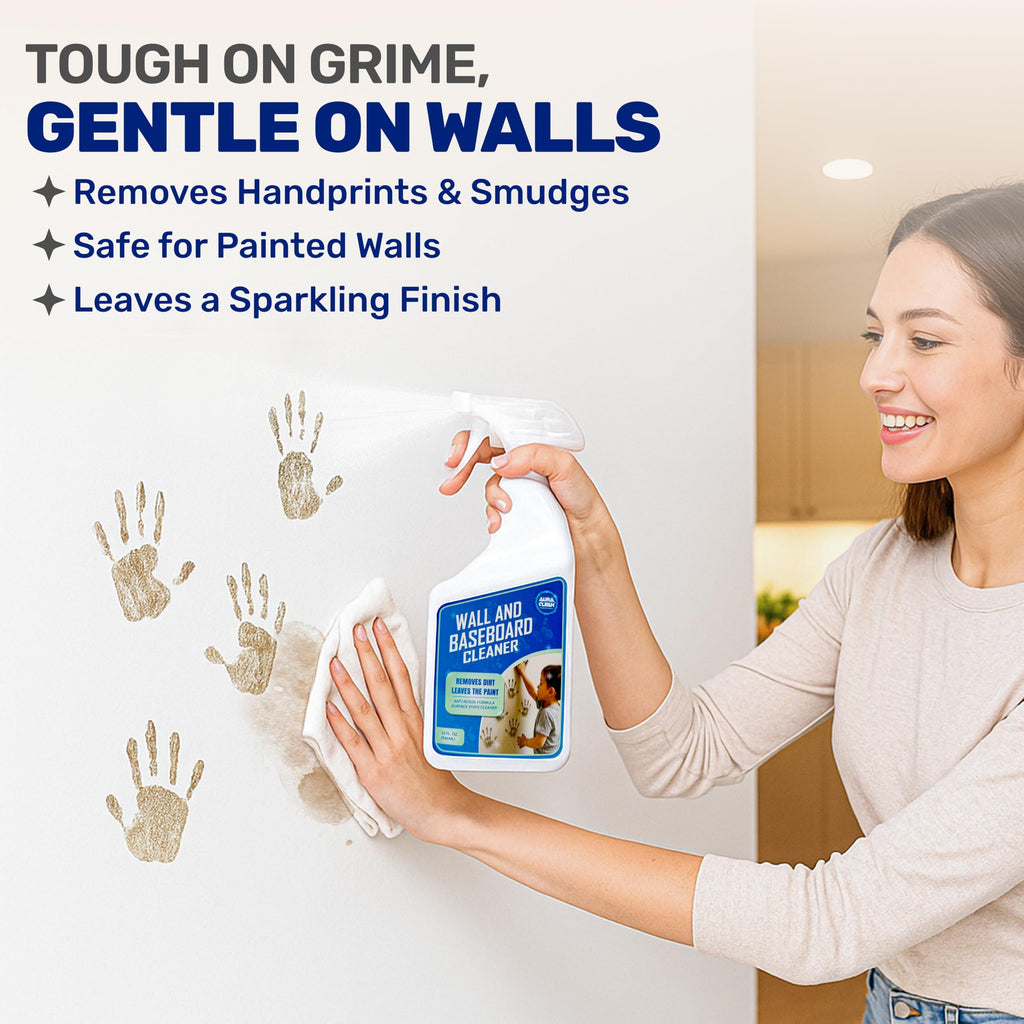 AuraClean Wall & Baseboard Cleaner - Safe for Painted Walls & Trim | Eco-Friendly, No-Rinse, Kid & Pet-Safe | Anti-Resoil, Streak-Free Finish | Made in the USA | 32 oz Spray (1 Quart)
