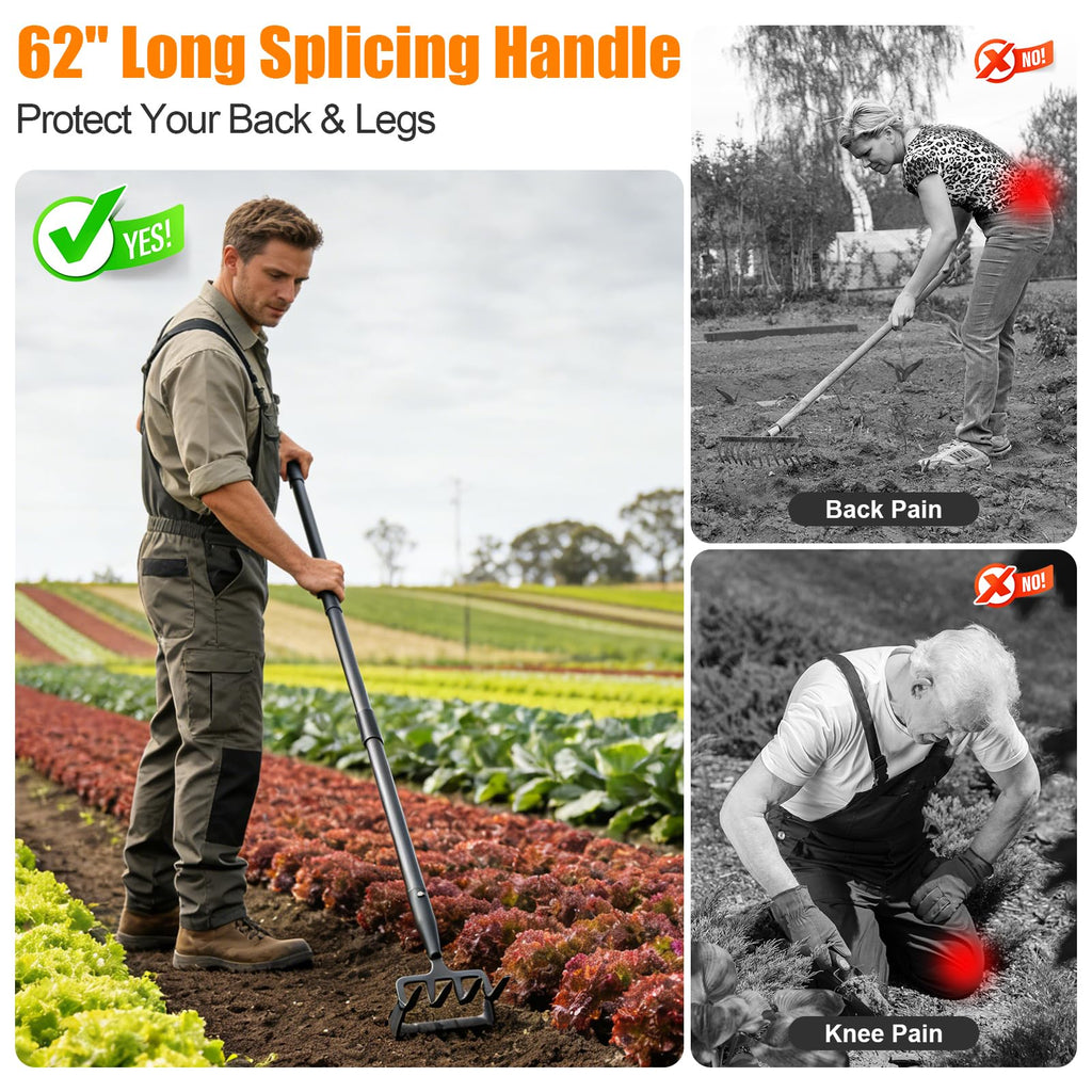 Garden Hoe, 62 Inch Weed Tool, Long Soil Tiller Cultivator, Heavy Duty Metal Stirrup Hoe Garden Tool Weeder Scraper Rake for Flower Beds, Patio, Garden Cultivating Loosening Soil Weeding Digging