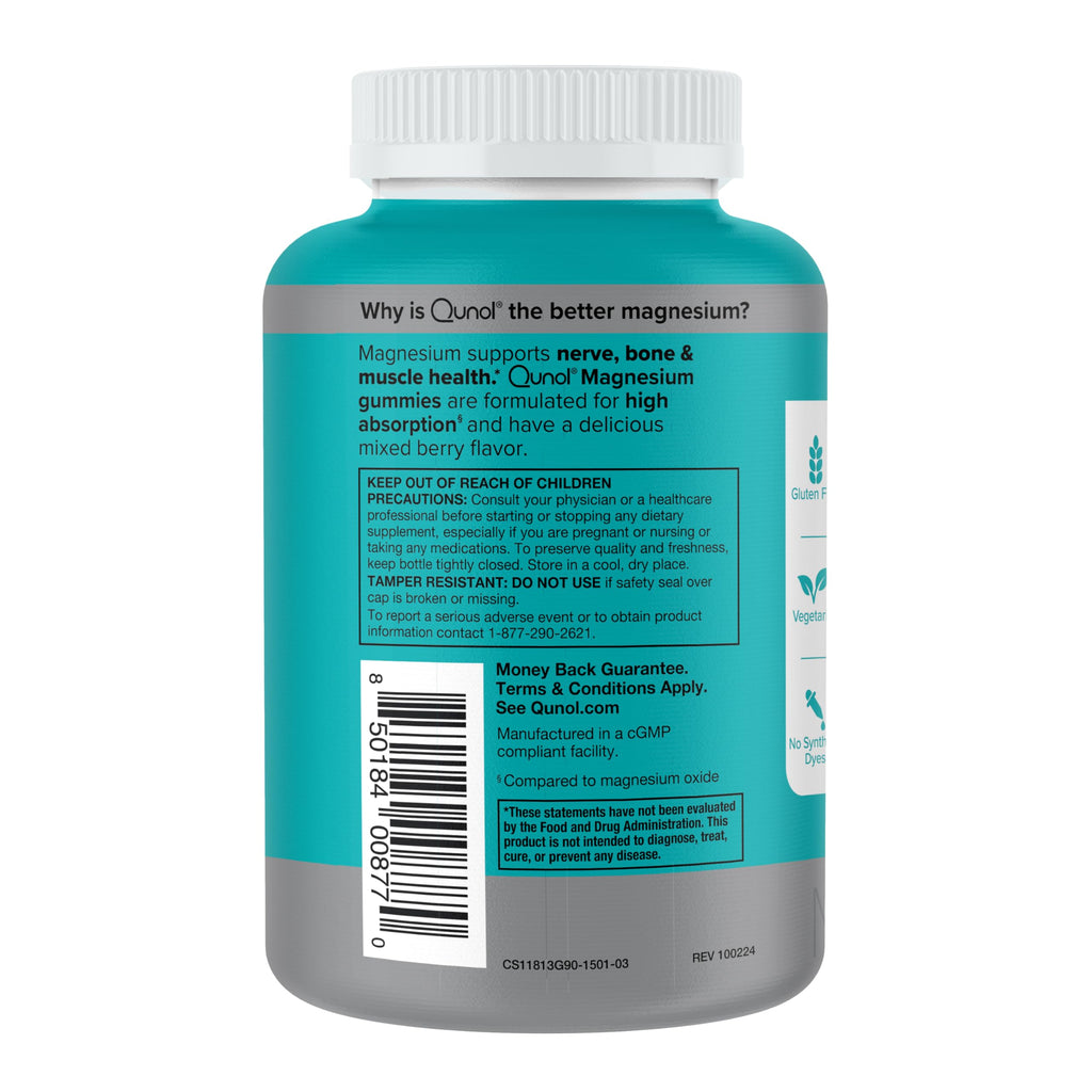 Qunol Magnesium Gummies for Adults, 200mg Elemental Magnesium (from 1,750mg Magnesium Citrate), High Absorption Magnesium Supplement, Supports Nerve, Bone and Muscle Health, Vegetarian, 90 Count
