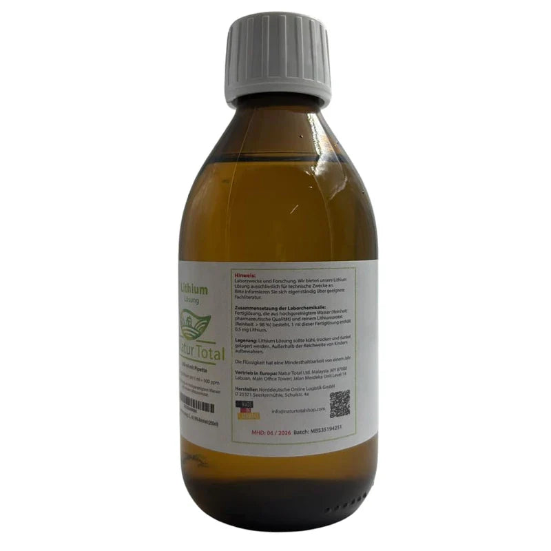 Lithium Orotate Solution 250 ml I 0.5 mg Lithium per ml ⇒ 500 mg per Litre ⇒ 500 ppm I 99% Purity Lithium Orotate (250 ml)
