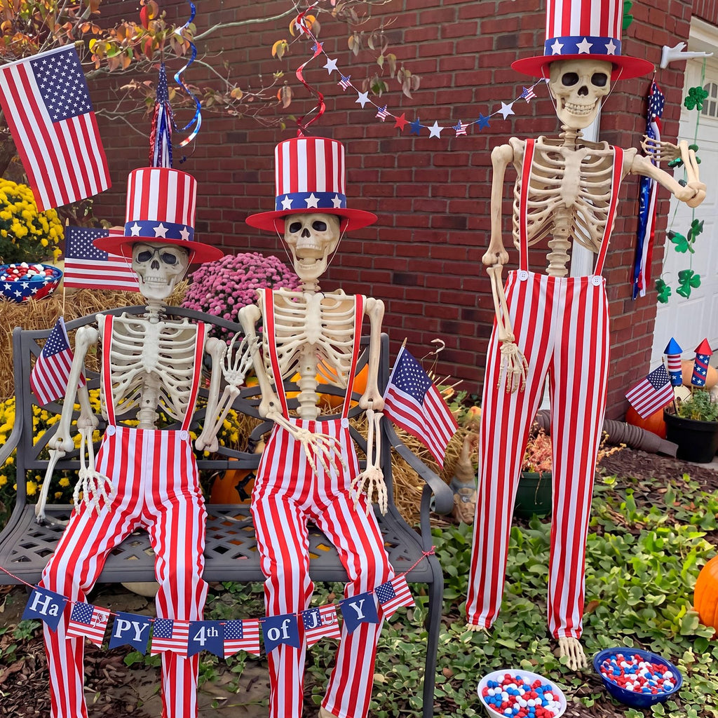 Funnysoft 4th of July 12ft Skeleton Outfits, Patriotic Giant Skeleton Costume with USA Star Pattern Hat, Independence Day White Red Striped Overalls for Garden Lawn Decor 250th Anniversary Celebration