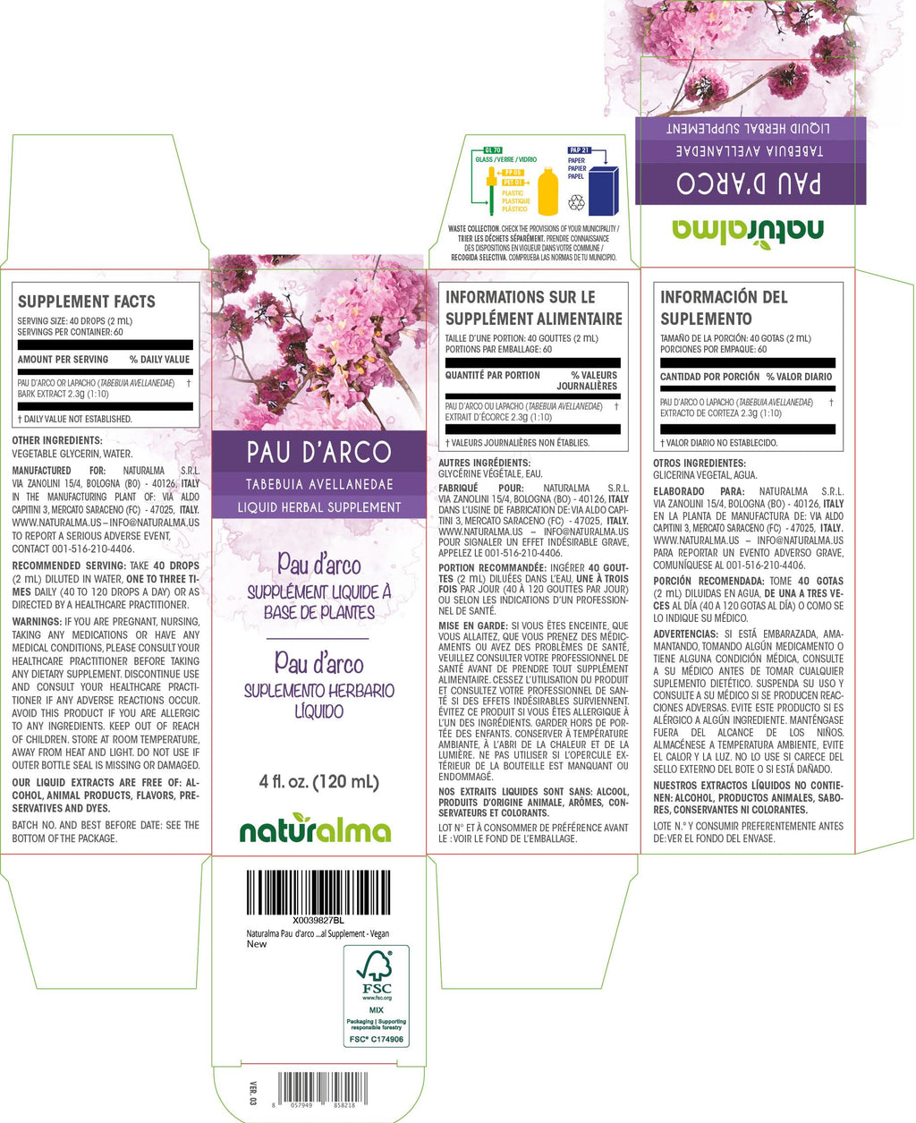 Naturalma PAU d'arco or Lapacho (Tabebuia avellanedae or Tecoma curialis) bark Alcohol-Free Tincture - 4 fl oz Liquid Extract in Drops - Herbal Supplement - Vegan