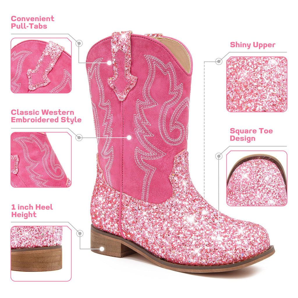 Motasha Girls Cowgirl Boots Glitter Toddler Girls Boots Pink Cowboy Boot for Girl Size 11 Little Big Kids Boot Western Riding Shoes Party Birthday (M7101 S R Pink 11)