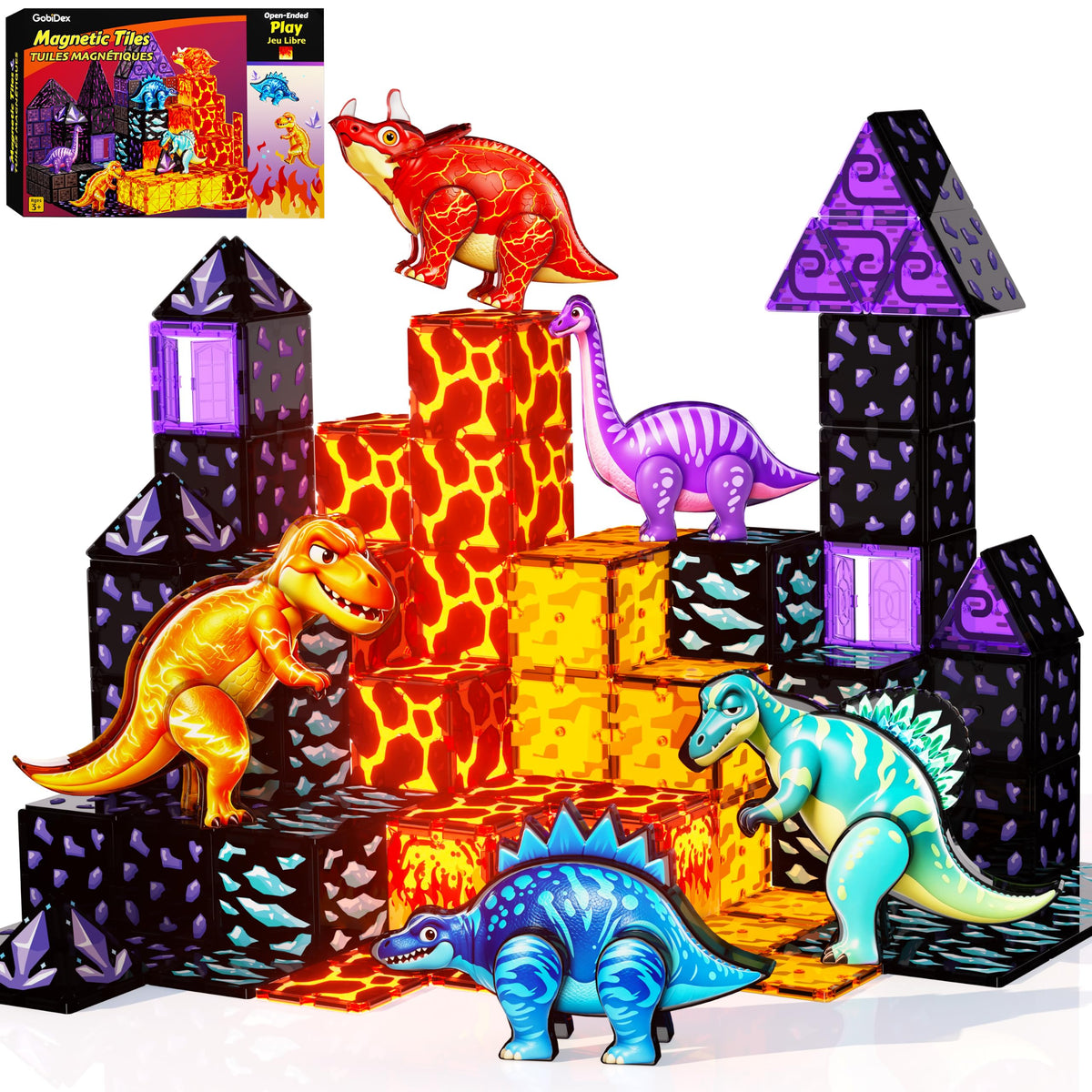 GobiDex Magnetic Tiles Lava & Cave Dinosaur Toys for Kids 3-5 5-7