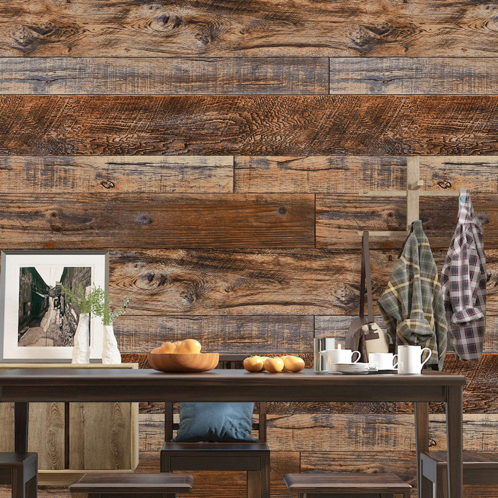 WENMER 17.71 inch x 236 inch Brown Wood Peel and Stick Wallpaper Shiplap Self Adhesive Wall Paper Wood Plank Wallpaper for Countertop Cabinet Shelf Drawer Wall Door