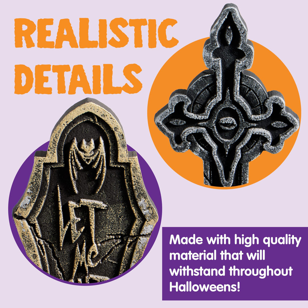 JOYIN 17” Halloween Decorations Outdoor Tombstones, 5 Pack Halloween Foam Graveyard Headstone Decorations with 12 Bonus Metal Stakes for Yard Lawn Outside Decor