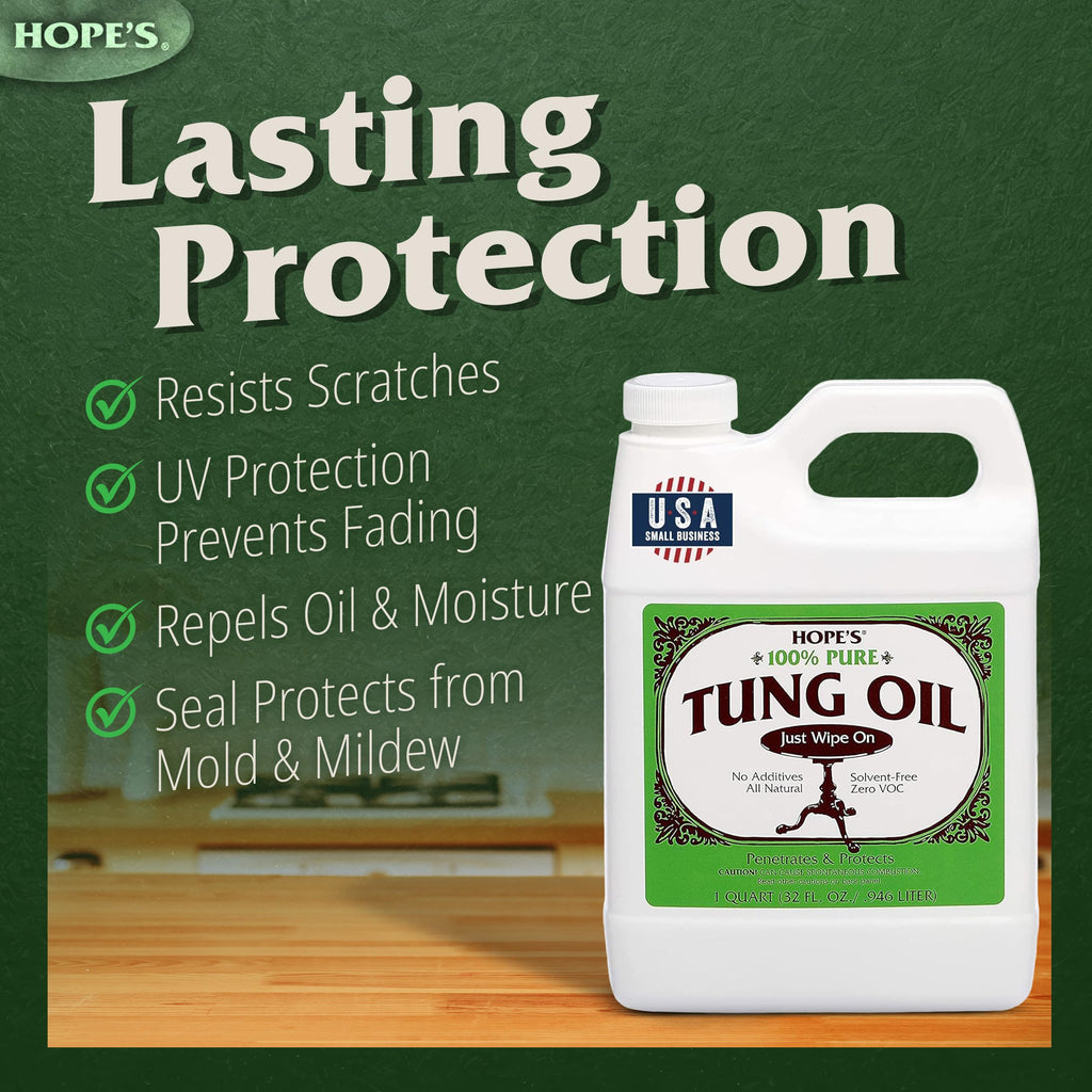 HOPE'S 100% Pure Tung Oil, Food Safe, Premium Waterproof Natural Wood Finish and Sealer for Indoor and Outdoor Projects, 32 Fl Oz, 2 Pack