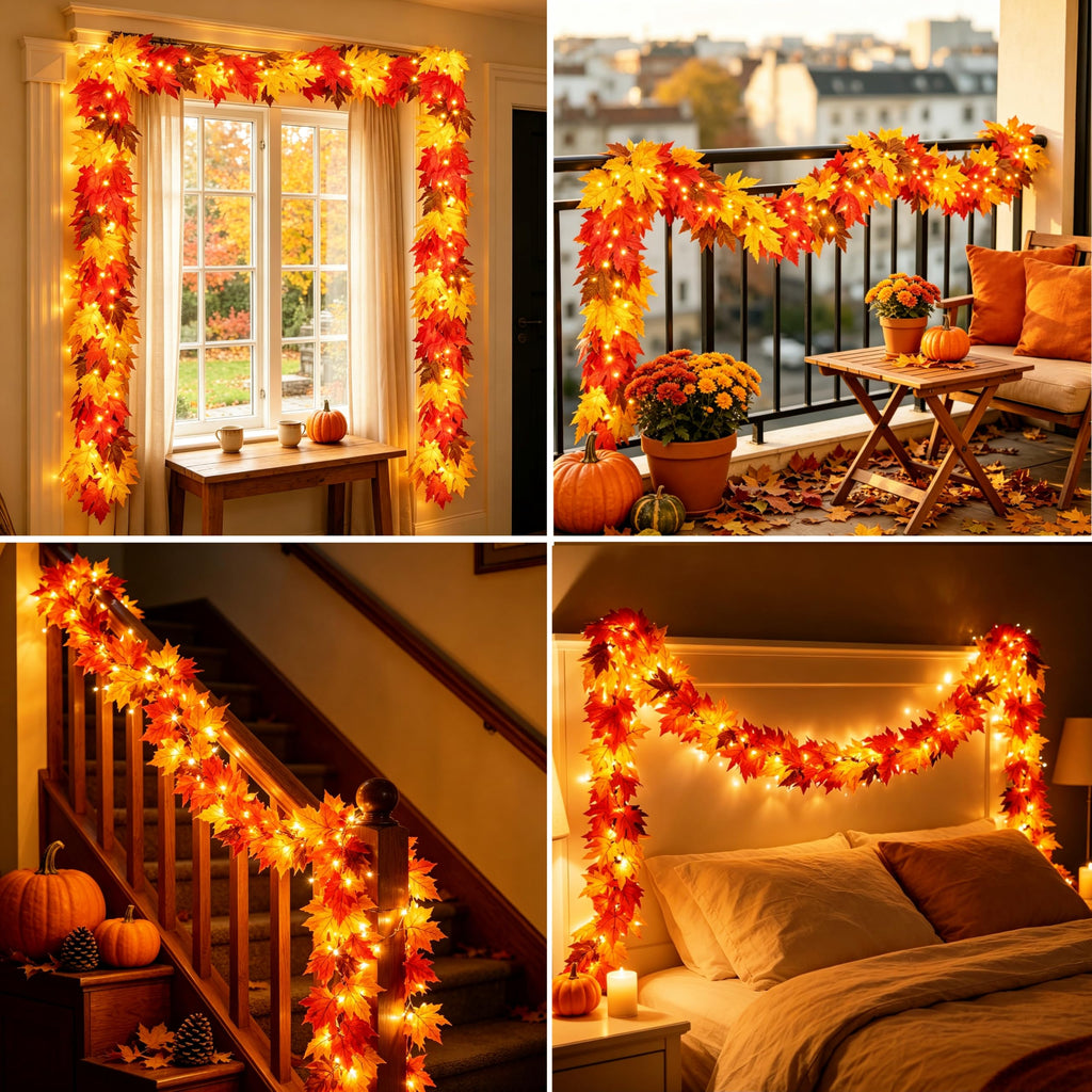 Fall Decorations for Home 9Ft Plug in Fall Garland with Lights Lush and Thicker Large Leaves, 50 Orange Bulbs Prelit Connectable UL Certified Fall Lights for Autumn Thanksgiving Halloween Decorations