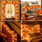 Fall Decorations for Home 9Ft Plug in Fall Garland with Lights Lush and Thicker Large Leaves, 50 Orange Bulbs Prelit Connectable UL Certified Fall Lights for Autumn Thanksgiving Halloween Decorations