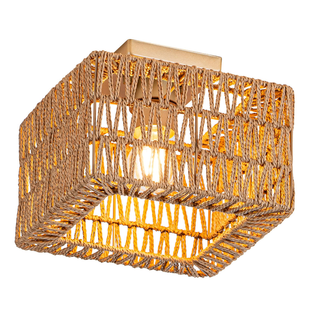 Rpzloila Rattan Ceiling Light, Gold Boho Light Fixture, Square Flush Mount Ceiling Light for Bedroom, Hallway, Entryway, Kitchen, Cabinet
