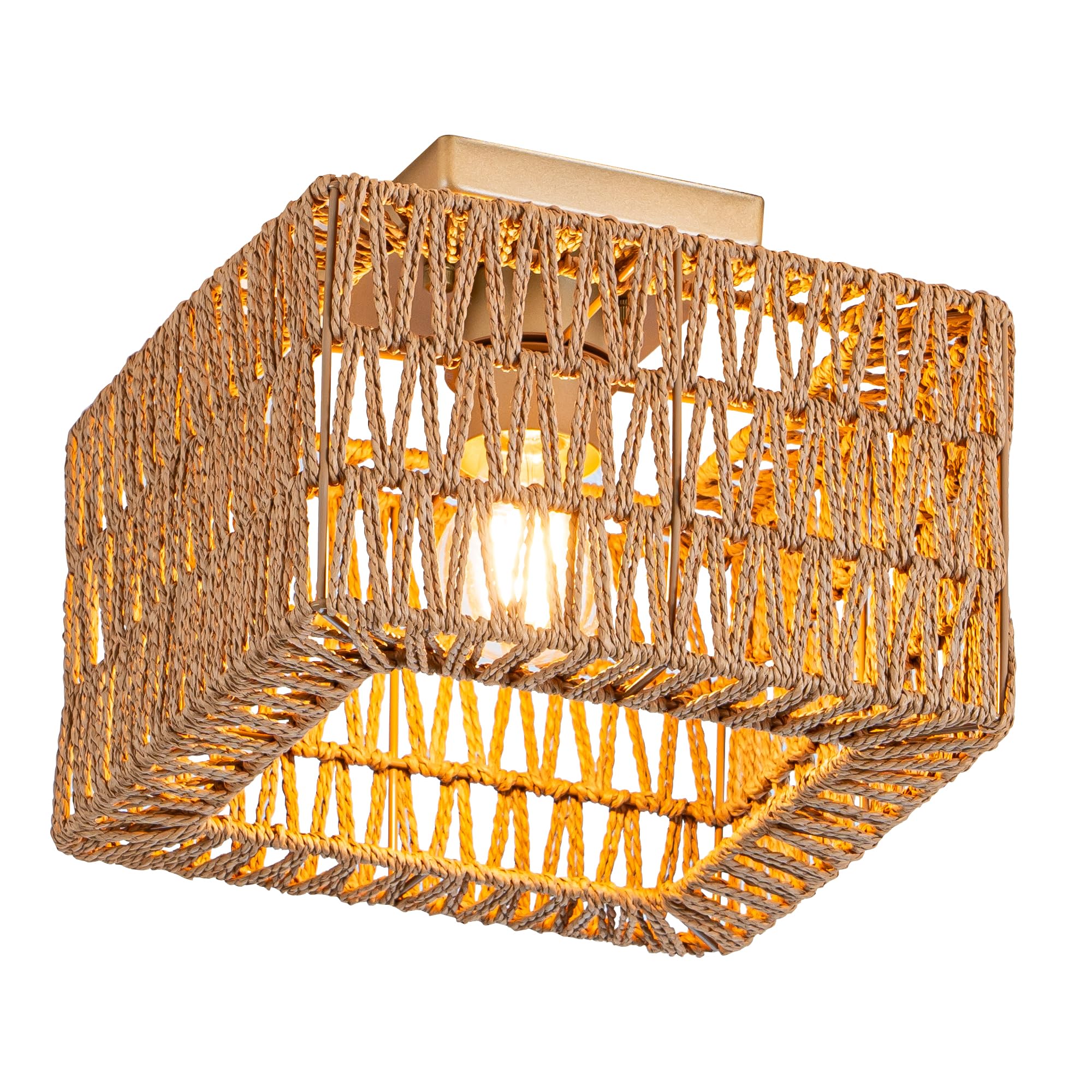 Rpzloila Rattan Ceiling Light, Gold Boho Light Fixture, Square Flush Mount Ceiling Light for Bedroom, Hallway, Entryway, Kitchen, Cabinet