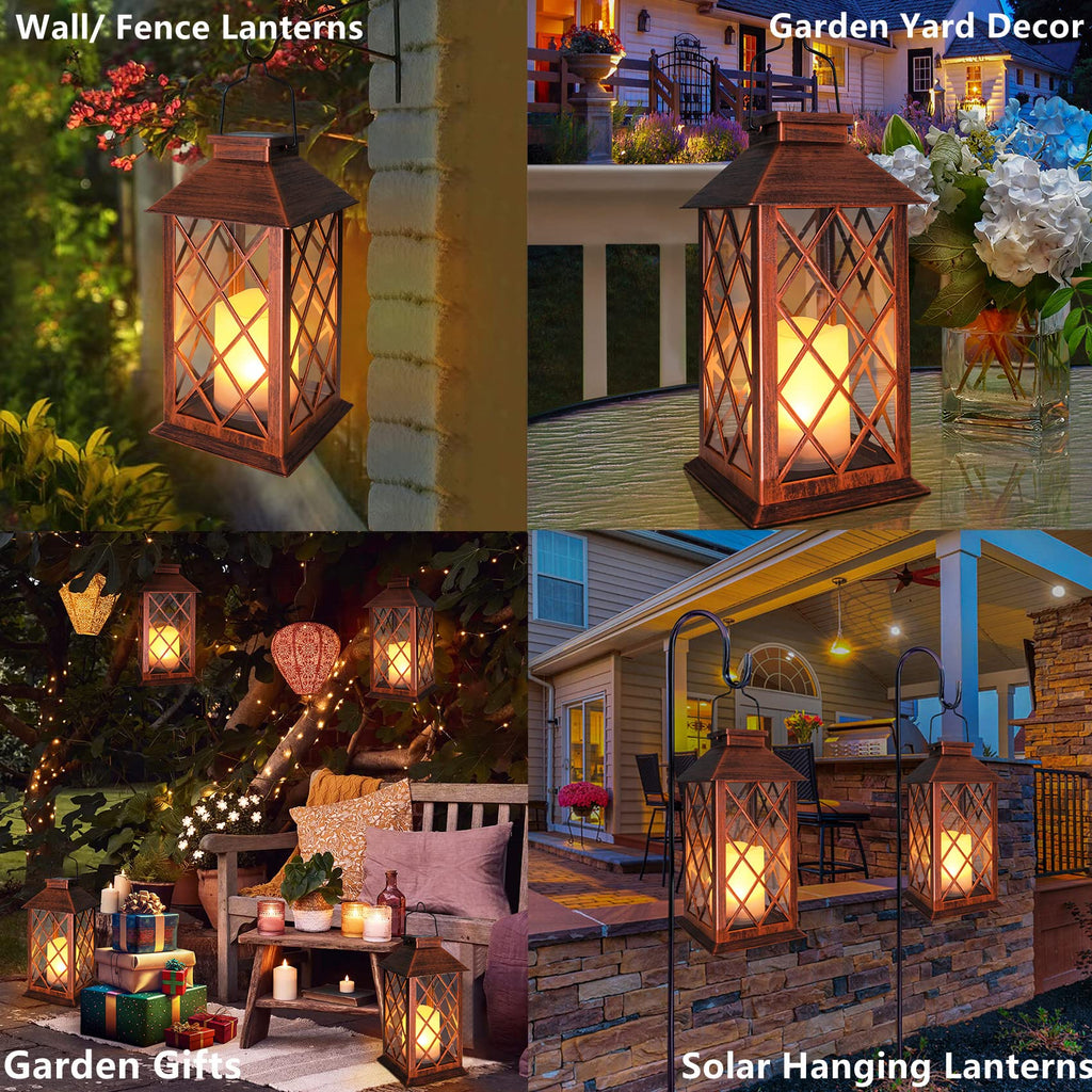 [2 Pack] TAKE ME 14" Solar Lantern Outdoor Garden Hanging Lantern Waterproof LED Flickering Flameless Candle Mission Lights for Table,Outdoor, Halloween Decor Lights