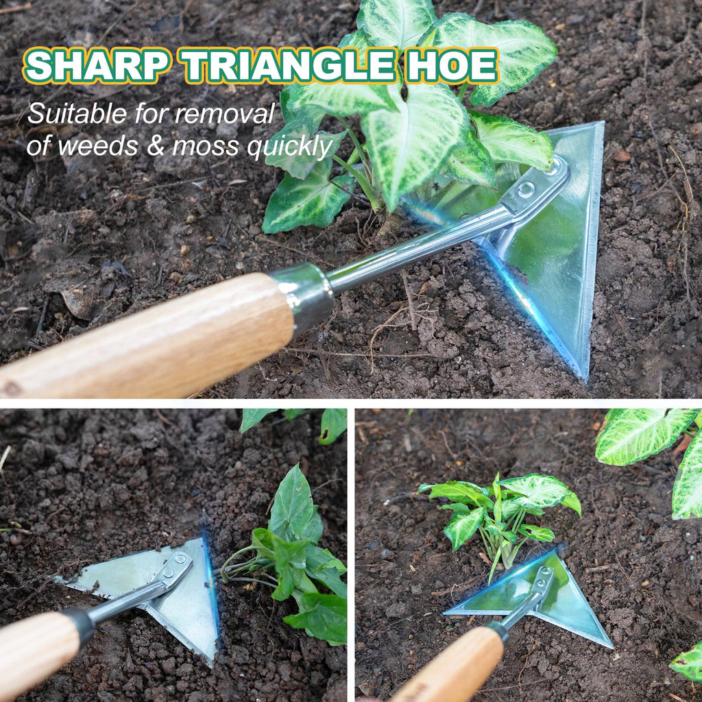 Berry&Bird Triangle Hand Hoe, 15.2’’ Winged Weeder Tool with Wood Handle