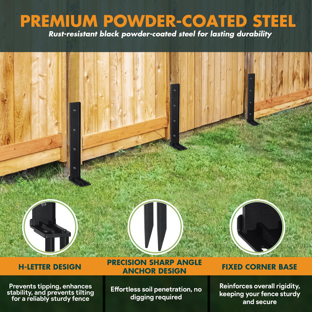 TANIVO 4 Pack Fence Post Anchor Repair Kit – Heavy Duty Steel Ground Stakes with Adjustable Width and Reinforced Base for Fixing Tilted or Broken Wooden Fence Posts