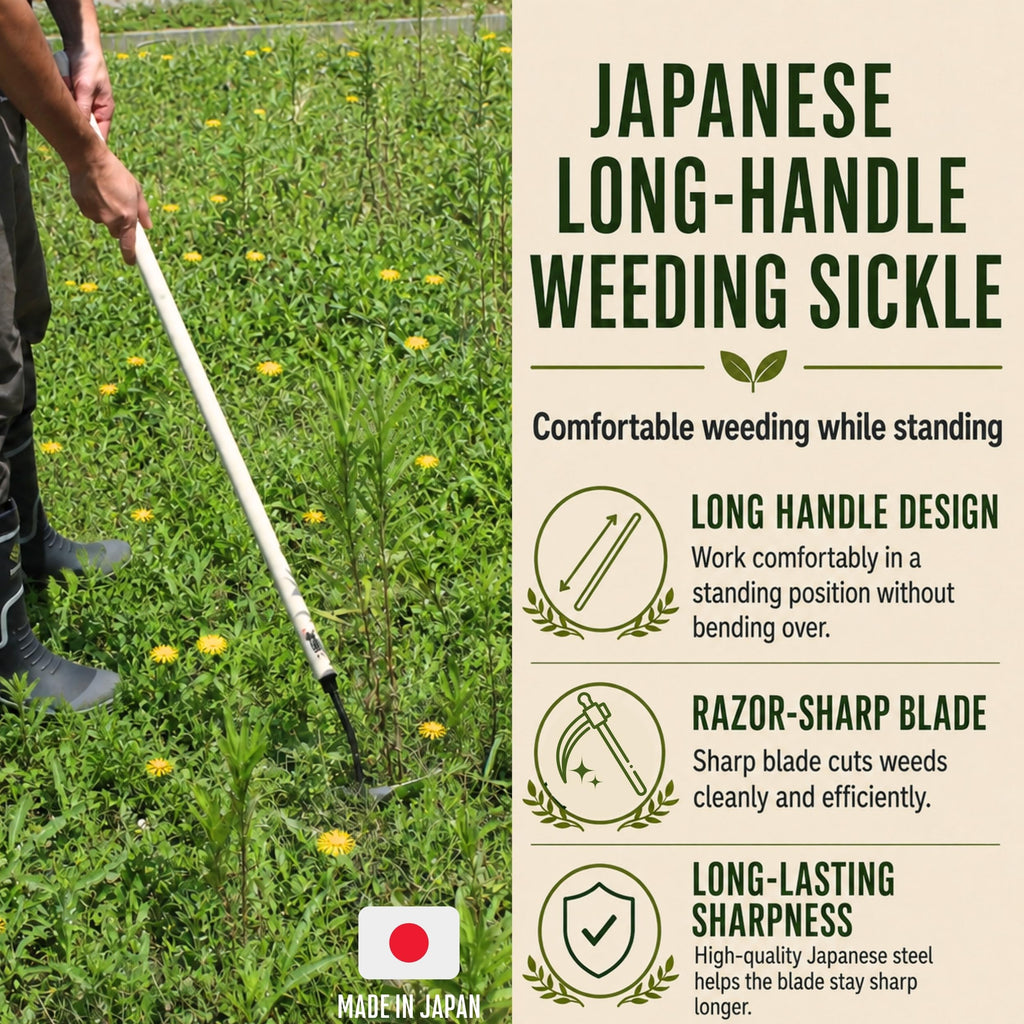 KAKURI Japanese Weeder Tool Long Handle 42" for Gardening - Stand Up Weed Remover Sickle Hoe - Sharp Japanese Steel Blade & Wooden Handle - Made in Japan