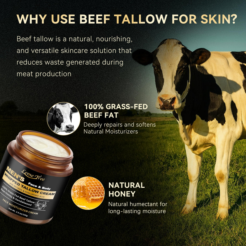 Men's Beef Tallow for Skin, Whipped Grass-Fed Beef Tallow Face Cream, Tallow Balm with Anti-Aging Retinol & Hyaluronic Acid, Mens Skin Care Face Moisturizer, Reduces Wrinkles Lines, Sandalwood, 3.5 OZ