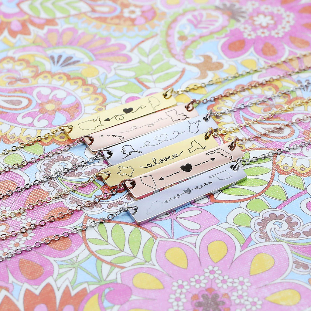 Personalized Long Distance Necklace Custom State Country Engraved Bar Pendant Stainless Steel Adjustable Cable Chain Jewelry for Couples Family Friends Deployment Relationship Keepsake