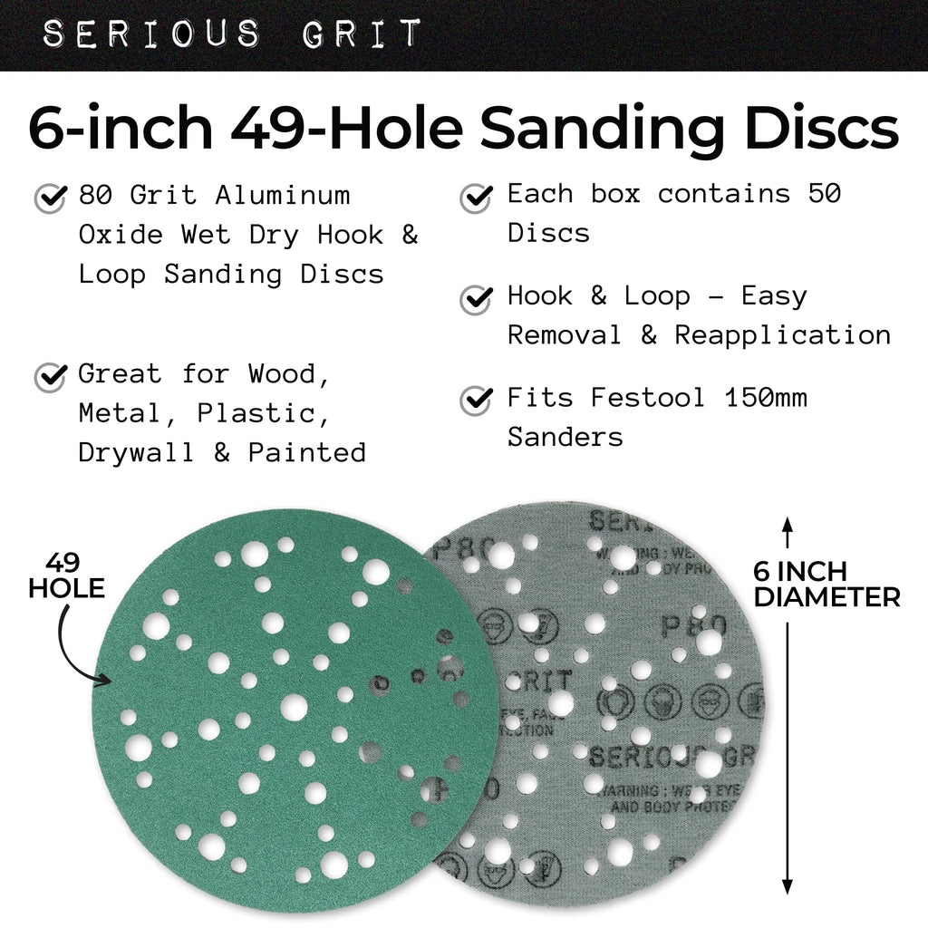 Serious Grit - 6-Inch 49-Hole 80 Grit Sanding Discs - Heavy-Duty Hook & Loop Film Discs - Sandpaper for Random Orbital Sanders - 50 Pack Box