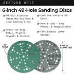 Serious Grit - 6-Inch 49-Hole 80 Grit Sanding Discs - Heavy-Duty Hook & Loop Film Discs - Sandpaper for Random Orbital Sanders - 50 Pack Box