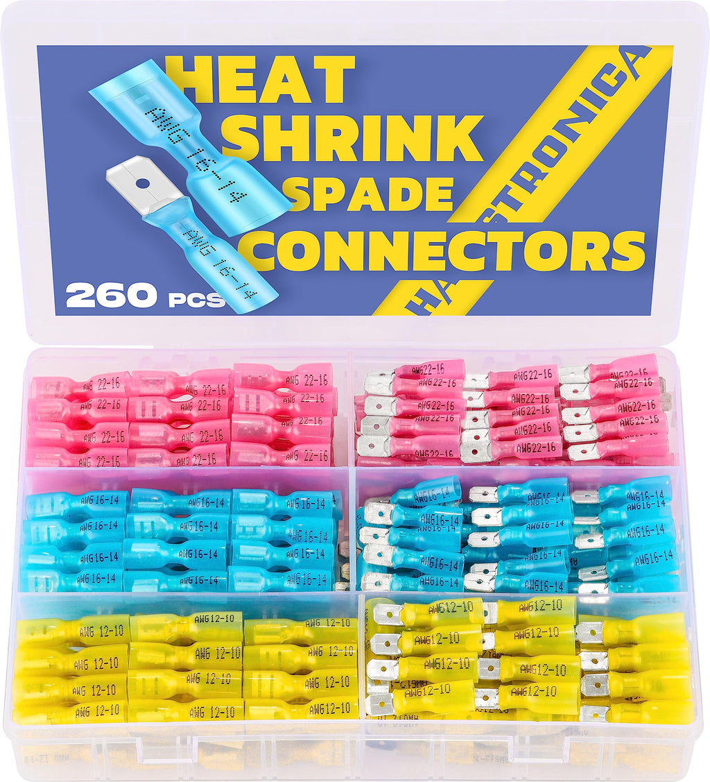 haisstronica 260PCS Heat Shrink Spade Connectors, 22-10 AWG, Male/Female