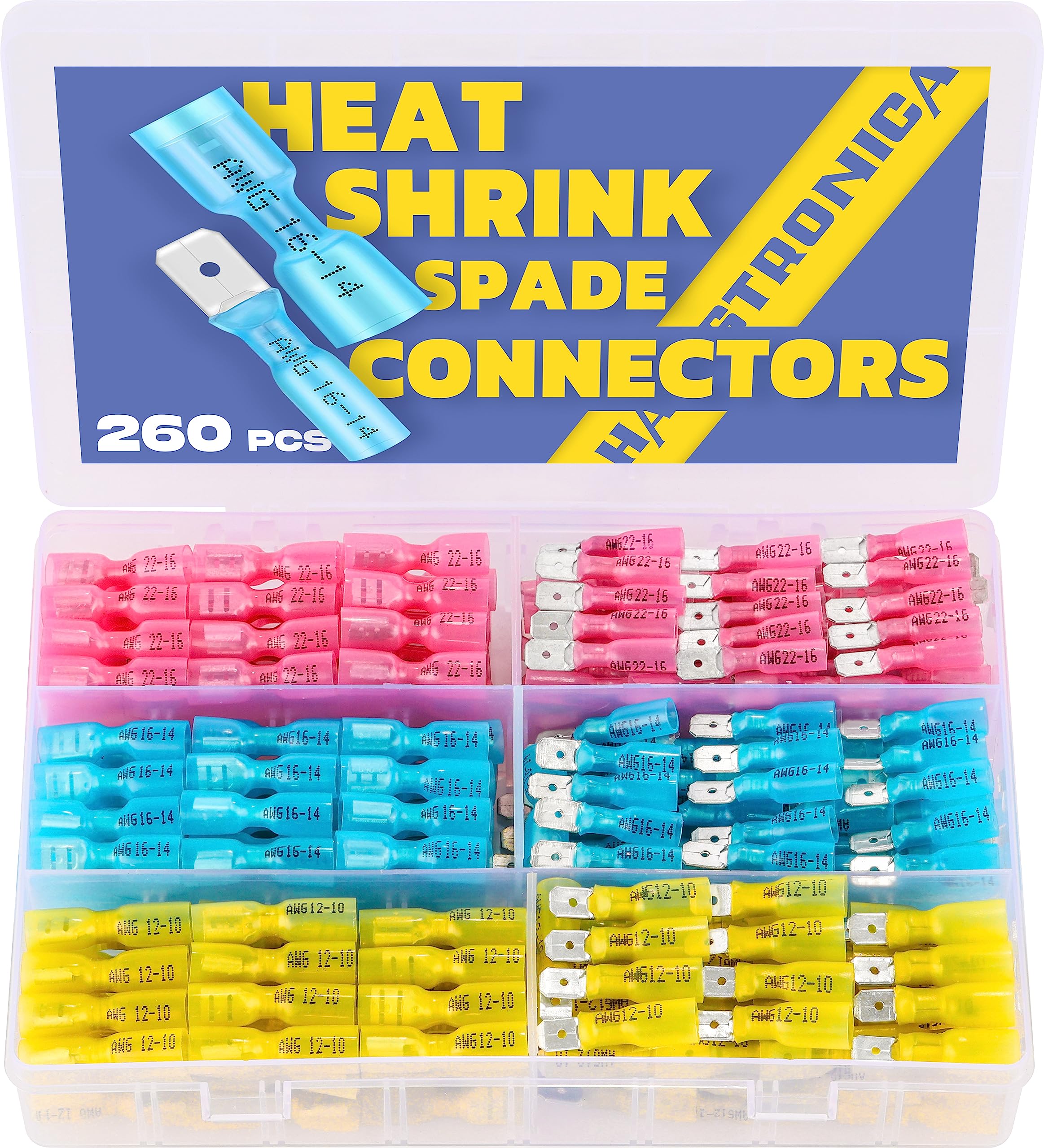 haisstronica 260PCS Heat Shrink Spade Connectors, 22-10 AWG, Male/Female