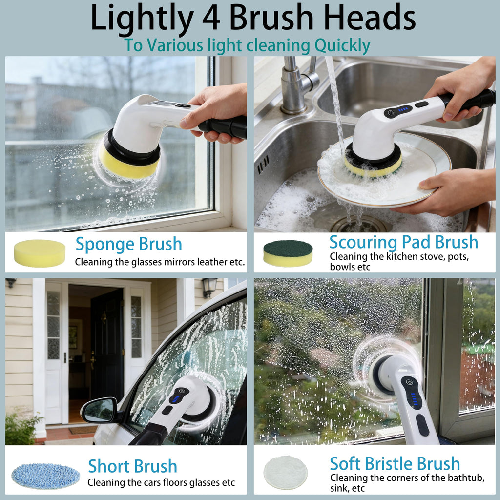 Electric Spin Scrubber Shower Cleaner Brush Cordless Power Cleaning 8 Brush Heads Extendable Handle 3 Adjustable 2 Speeds IPX7 Waterproof for Bathroom Kitchen
