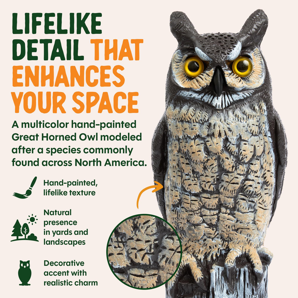 Dalen Lifelike Great Horned Owl Decoy Bird Repellent - 16in Hand-Painted Scarecrow for Gardens & Rooftops, Owl Bird Deterrent, Fixed-Head Design, Fill Base with Sand/Gravel Only - Multicolor