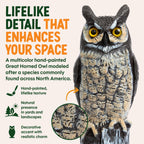 Dalen Lifelike Great Horned Owl Decoy Bird Repellent - 16in Hand-Painted Scarecrow for Gardens & Rooftops, Owl Bird Deterrent, Fixed-Head Design, Fill Base with Sand/Gravel Only - Multicolor