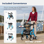Drive Medical Nitro Sprint Foldable Rollator Walker with Seat - Lightweight Support - Large Wheels - Compact Folding Design - Adjustable Comfort - Standard Size - Blue