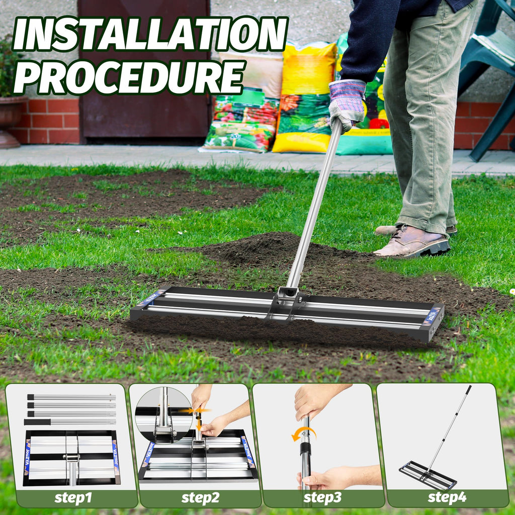 Updated Lawn Leveling Rake 30"x10", Lawn Leveler with Aluminum Rollers