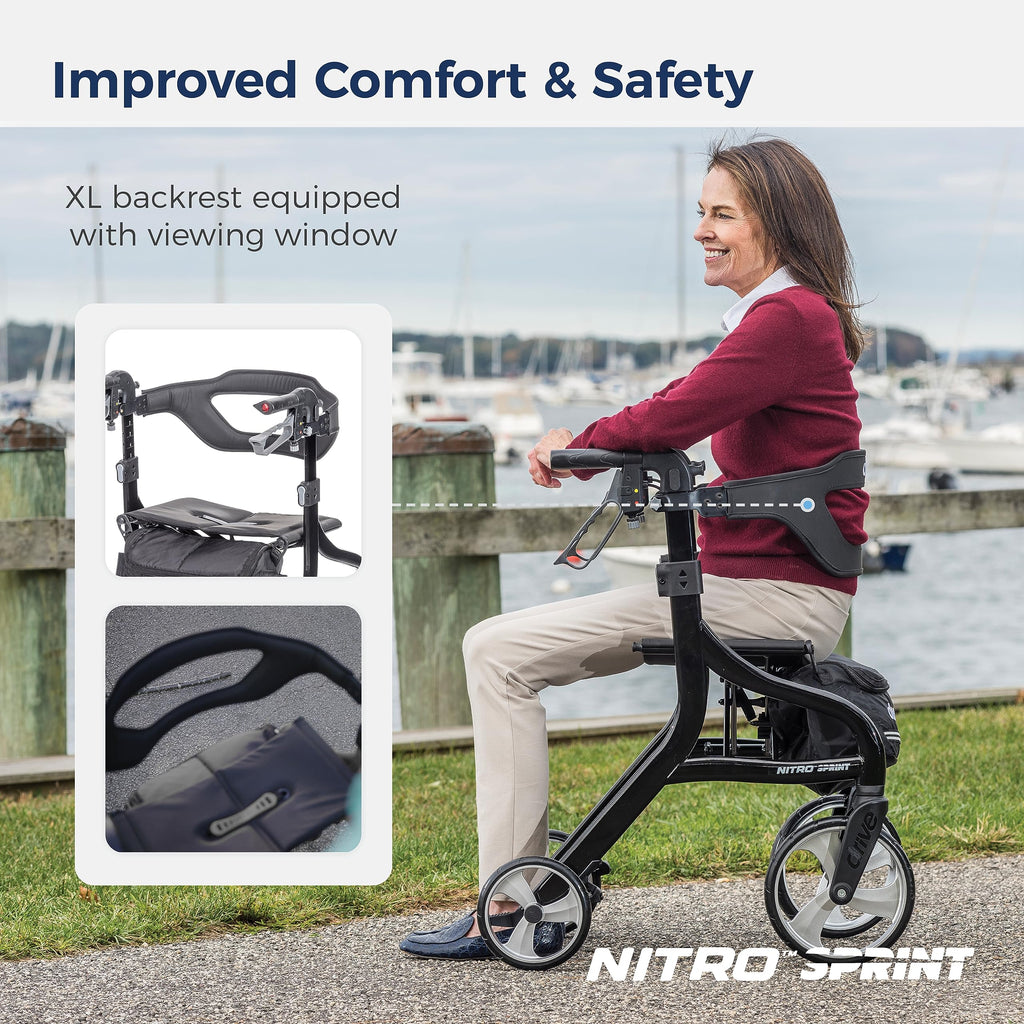 Drive Medical Nitro Sprint Foldable Rollator Walker with Seat - Lightweight Support - Large Wheels - Compact Folding Design - Adjustable Comfort - Tall Size - Black