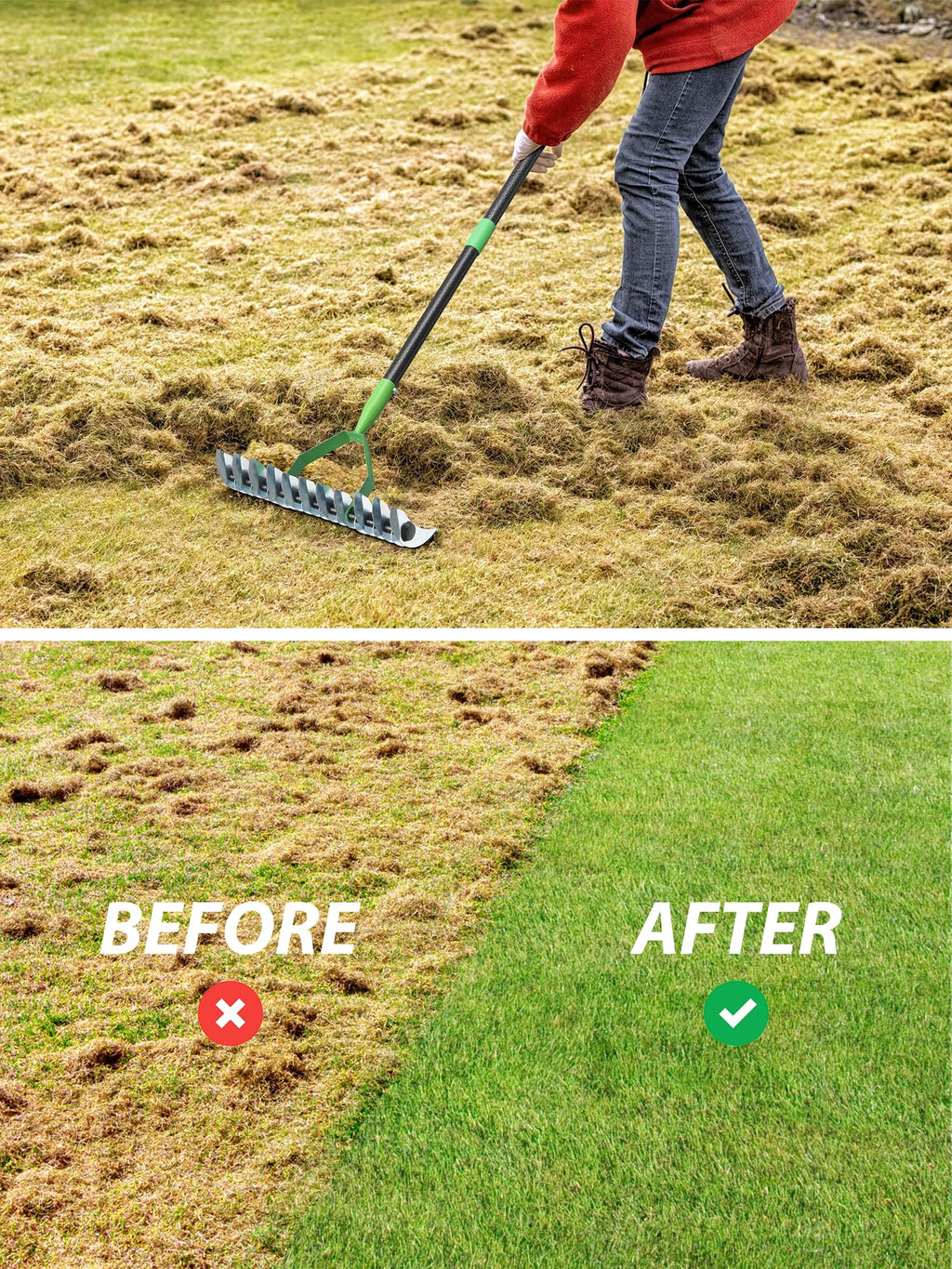Thatch Rake for Lawns, Heavy Duty Garden Dethatcher Rakes with 46" Adjustable Long Handle, Double-Sided Sharp Tines for Dead Grass Moss Removal, Manual Metal Soil Loosening Thatching Tools for Yard