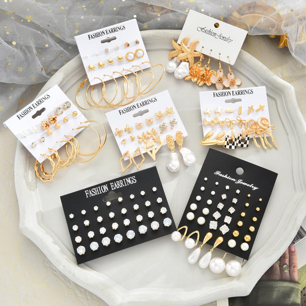 84 Pairs Gold Stud Earrings Set for Women Multipack, Fashion Pearl Cubic Zirconia Butterfly Earrings Packs Piercings, Hypoallergenic Stud Hoops Earrings for Gift (Style08-gold)