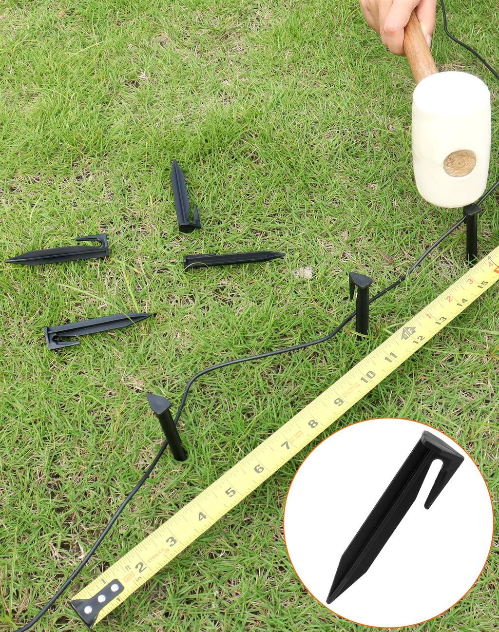 QWORK Plastic Boundary Wire Stakes, 200 Pcs, 3.35in, Black, Bayonet Tip, Garden Edging, Lawn Nails, Wire Pegs, Landscape Anchoring Spikes, Pet Fence, Mower Compatible