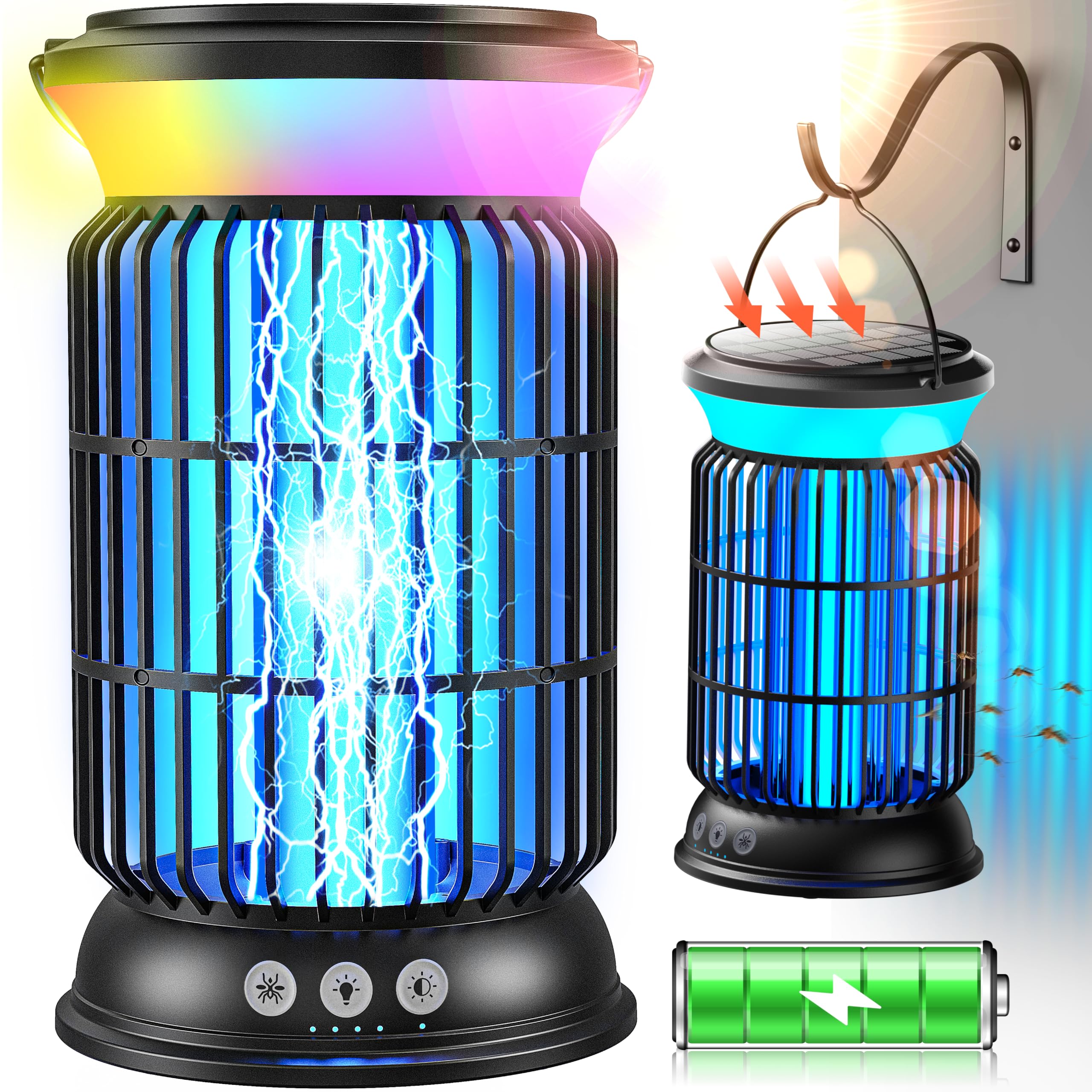 Solar Bug Zapper Outdoor – Powerful Electric Bug Zapper with 4-in-1 Modes, Cordless & Rechargeable Insect Zapper, IP66 Waterproof Mosquito Zapper for Camping & Indoor Use