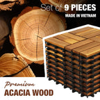 GREEN ALLUVIUM Premium Acacia Wood Interlocking Deck Tiles, 9 PCS 12"x12"x0.9" Patio Flooring, Waterproof Decking Tiles for Balcony, Backyard & Patio, All Weather Use (Golden Teak - Crossed Pattern)