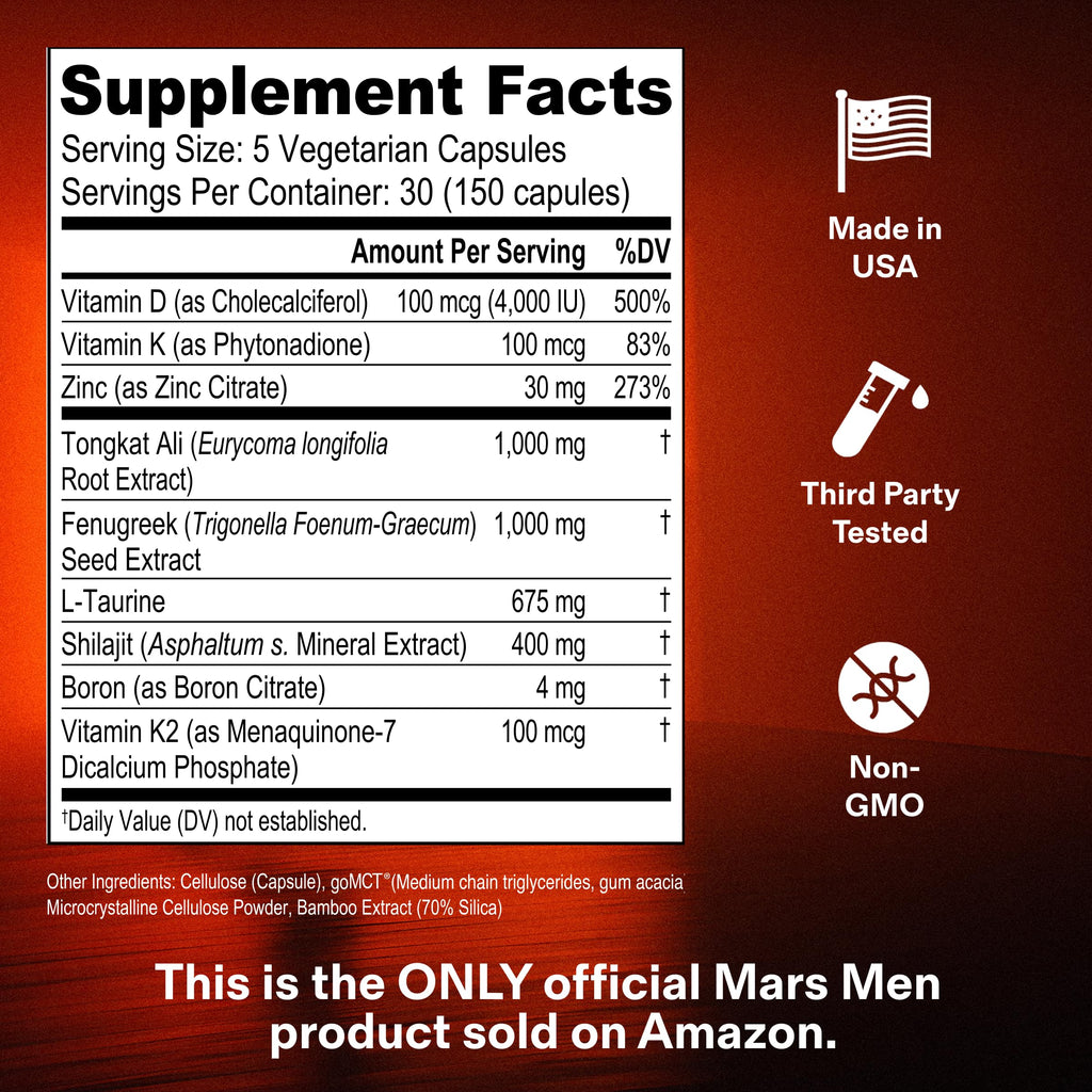 MARS MEN Testosterone Booster for Men - Natural Supplement Premium Tongkat Ali, Fenugreek, Shilajit & Boron - Male Support - Libido, Energy & Muscle Growth Support - 30 Servings