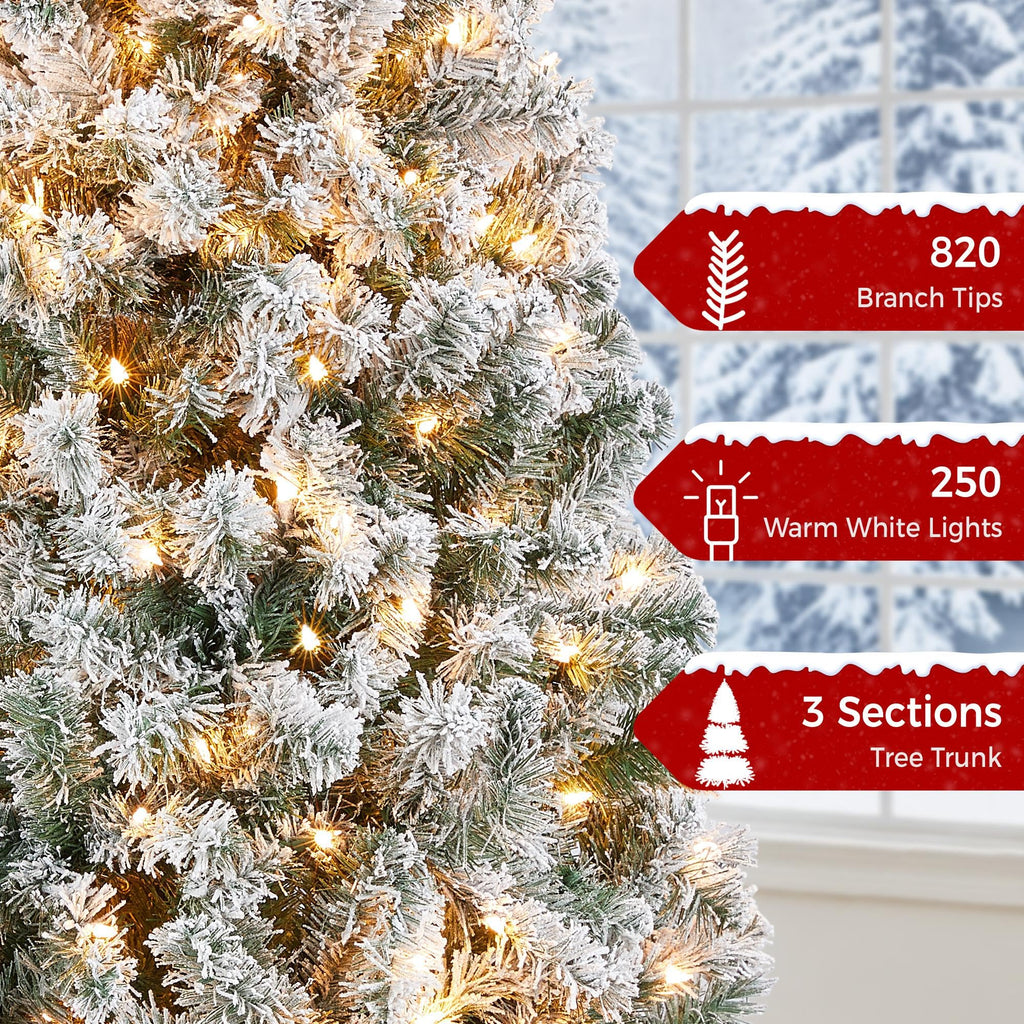 Yaheetech 6ft Pre-Lit Snow Flocked Artificial Christmas Tree, 250 Lights