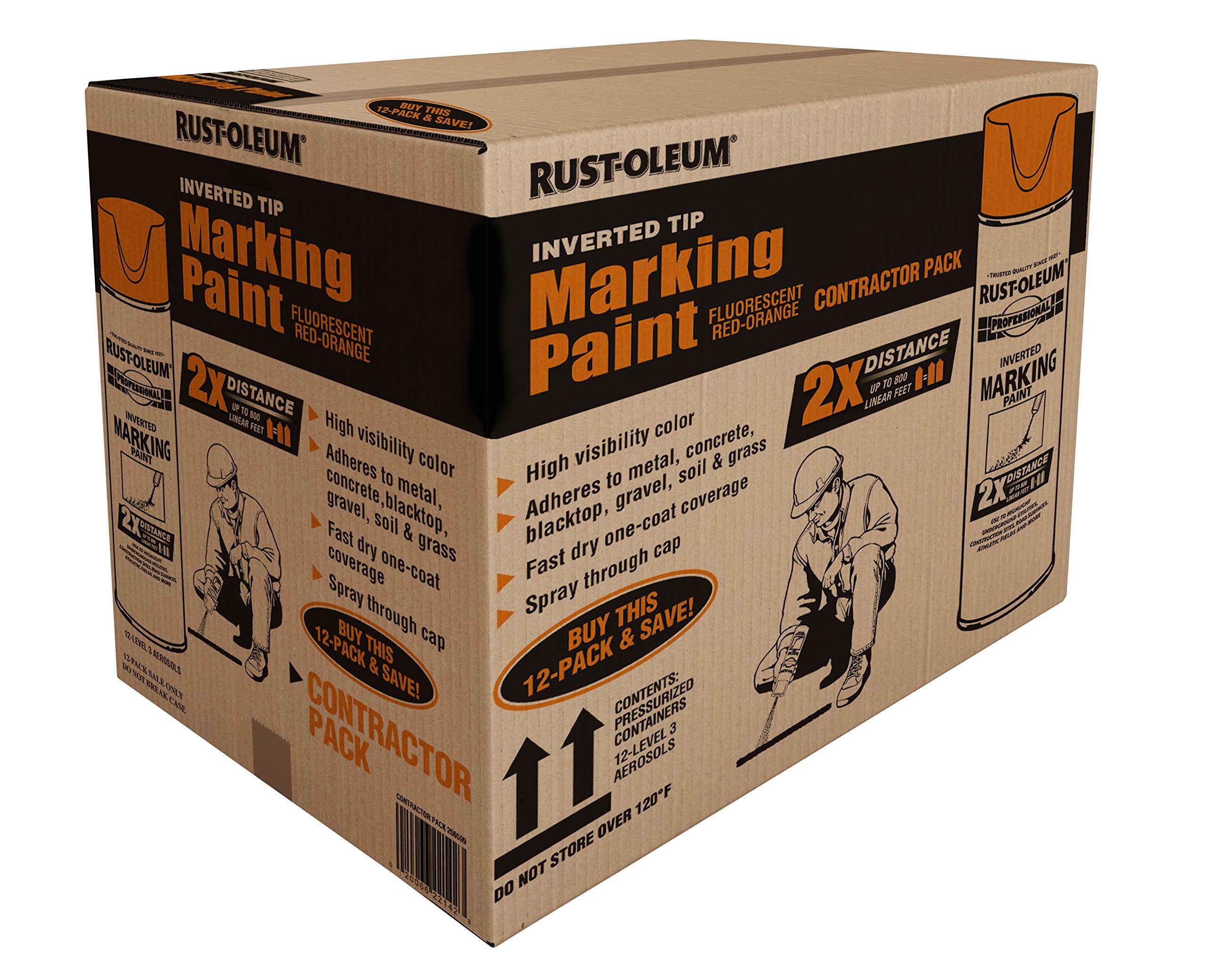 Rust-Oleum 266599-12PK Professional 2X Distance Inverted Marking Spray Paint, 15 oz, Fluorescent Red-Orange, 12 Pack